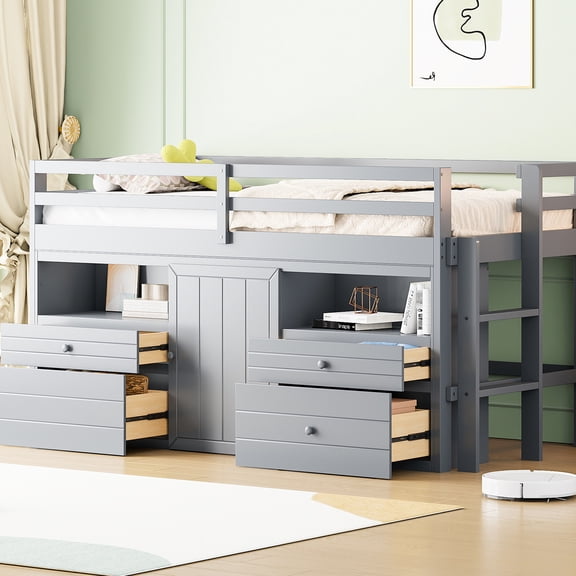 Solid Wood Construction, Space-saving - Gray Twin Loft Bed for Family Use