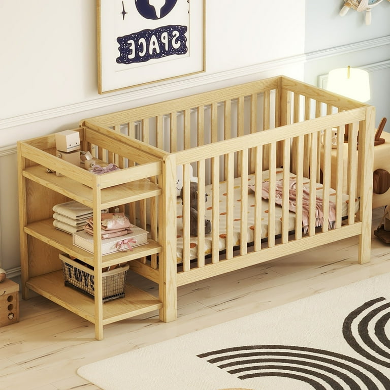 Solid Wood Convertible Crib Frame with Three Shelves Detachable Crib with Changing Table Baby Nursery Bed with Detachable Guardrails Natural