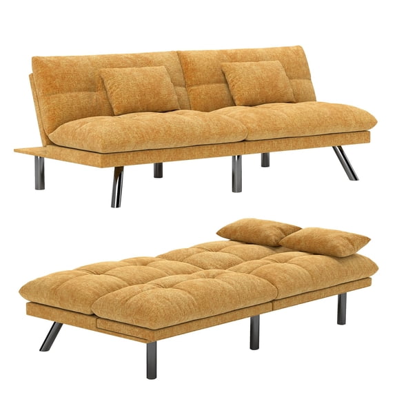 Chenille Fabric Futon Sofa Bed 70 Inch, Solid Wood Convertible Couch for Living Room, Office, or Apartment, Caramel Orange