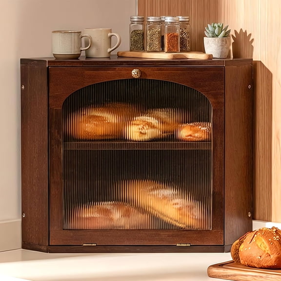Solid Wood Corner Bread Box for Kitchen Countertop, Double Layer Large Bread Storage Container for Homemade Bread, Adjustable Shelf & Arched Window, Vintage Farmhouse Corner Breadbox, Brown