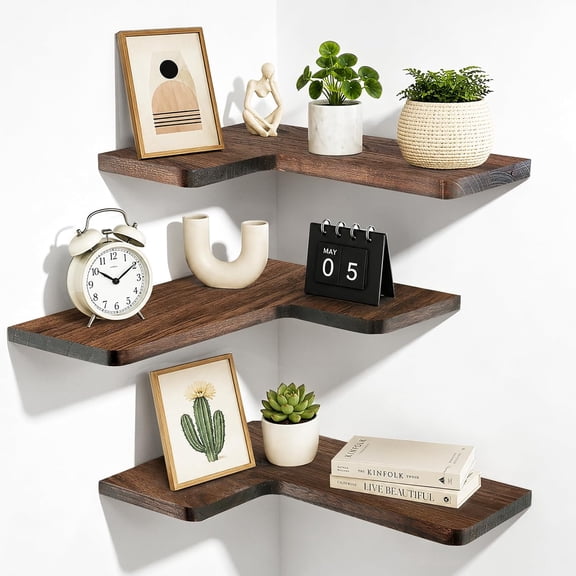Solid Wood Corner Floating Shelves, L-Shaped, Brown, Set of 3 | Hidden Brackets, Space-Saving Wall Storage, For Bathroom, Kitchen and Living Room