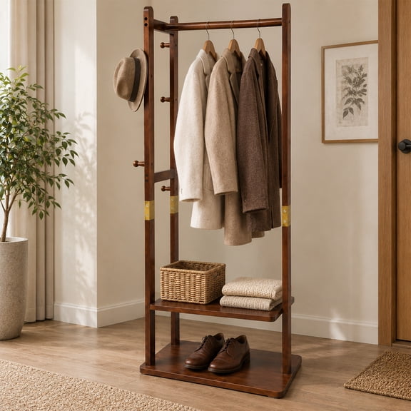 Solid Wood Corner Hall Tree with Coat Hooks and Hanging Rod, Entryway Coat Rack with Storage Shelves, Freestanding Corner Organizer for Bedroom, Living Room and Home Storage