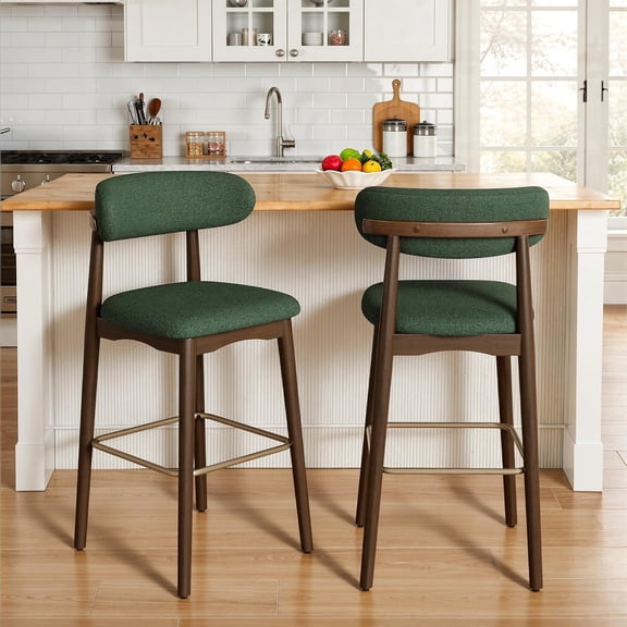 Solid Wood Counter Height(26") Bar Stools Set of 2, Premium Linen-Blend Upholstery with Back & Brass-Toned Metal Footrest, Mid Century Modern Bar Stools for Kitchen Island, Green
