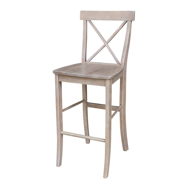 Solid Wood Cross Back Bar Height Stool in Washed Gray Taupe by International Concepts