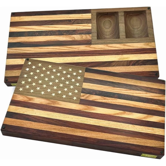 Solid Wood Cutting Board – Walnut, Oak & Indian Rosewood, Reversible American Flag Design, 2 Built-In Compartments, Edge Grain Charcuterie Board for BBQ, Meal Prep & Serving (Medium)