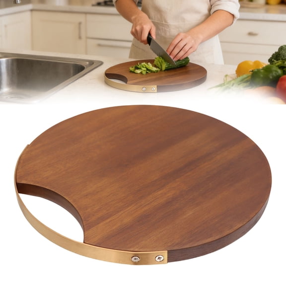 Solid Wood Cutting Board with Copper Handle, Round Chopping Block for Vegetables Meats, Double-Sided Rustic Kitchen Board, 26Cm, Brown