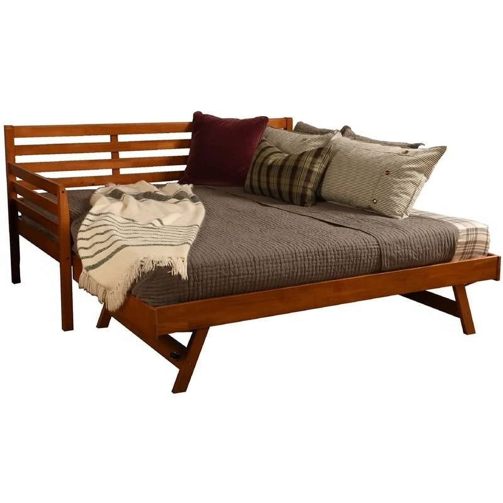 Solid Wood Day Bed Frame with Pullout Pop Up Trundle Bed in Medium