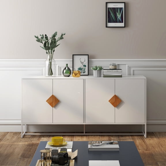 Solid Wood Design 4-Door Sideboard | Can Be Used as Buffet in Dining Area | E1 MDF and Iron Frame | Saves Space in Home