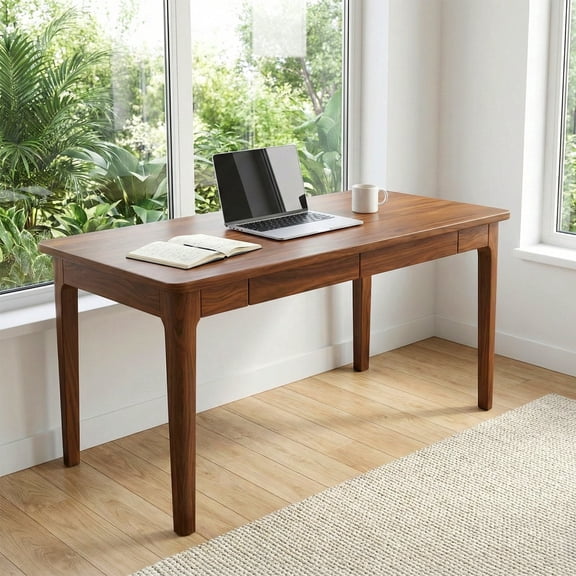 Solid Wood Desk with Drawers, Minimalist Rubberwood Computer Desk, Sturdy Small Writing Table for Home Office, Bedroom, Makeup Vanity, and Living Room