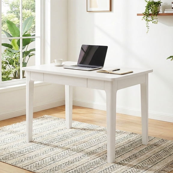 Solid Wood Desk with Drawers, Minimalist Rubberwood Computer Desk, Sturdy Small Writing Table for Home Office, Bedroom, Makeup Vanity, and Living Room