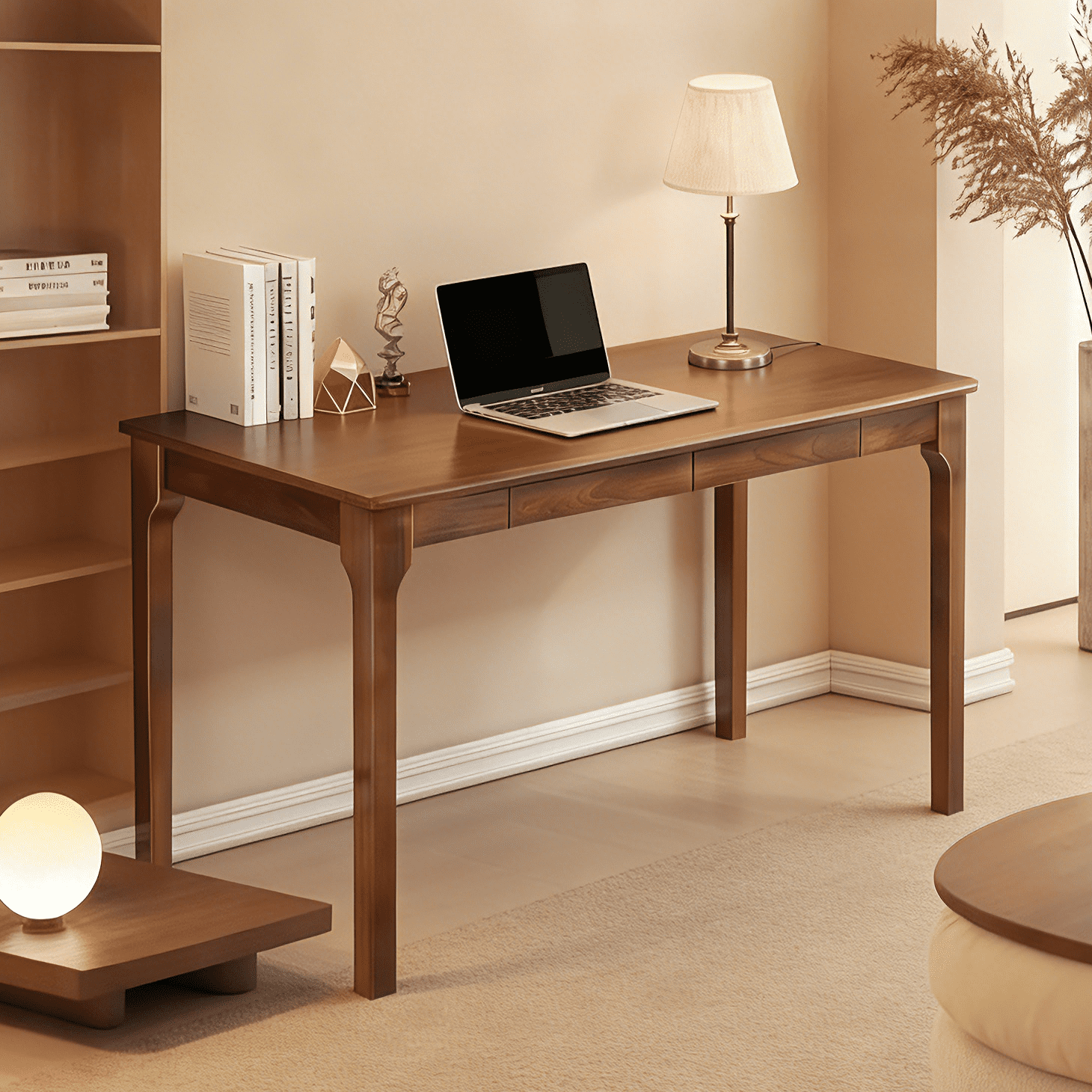 Solid Wood Desk with Drawers and Smooth Edges - Mid Century Modern Writing Desk for Small Spaces, Home Office, Study, Bedroom, Living Room, Natural Wood Color