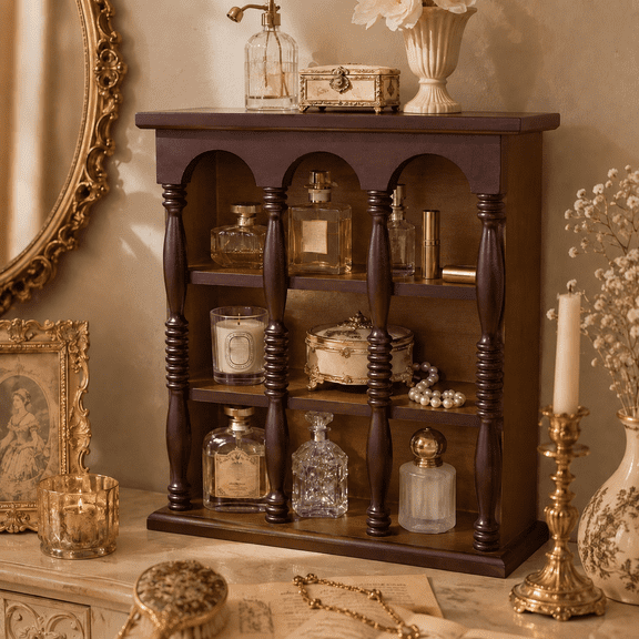 Solid Wood Desktop Organizer, 3-Tier Vintage Display Shelf with Turned Spindle Posts, Freestanding Tabletop Storage Rack for Perfume, Books, Collectibles and Office Supplies, Dark Brown, 14.17" W