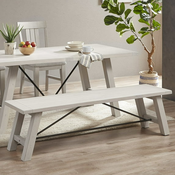 Solid Wood Dining Bench, Metal Accents, White Wash, Seats 3, 400 Lbs Max Weight Capacity Bench In With Support, Wash Appearance,