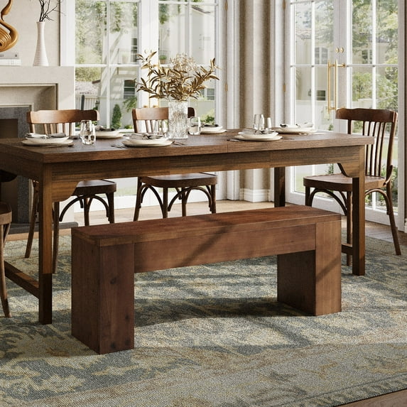 Finmind Solid Wood Dining Bench with Sturdy Legs, 47.24-Inch Farmhouse Entryway Bench Indoor for Kitchen, Dining Room, Brown