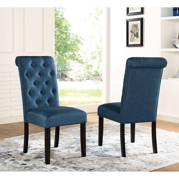 Solid Wood Dining Chair 2 , Blue - Upholstery, Button Seat, 18"x21"x39.2 Chairs, ( Of 2) Armless Design, Blend, Legs