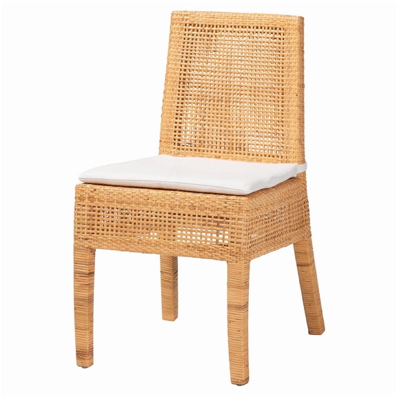 Solid Wood Dining Chair with Woven Rattan Back - Honey Finish & Removable Seat