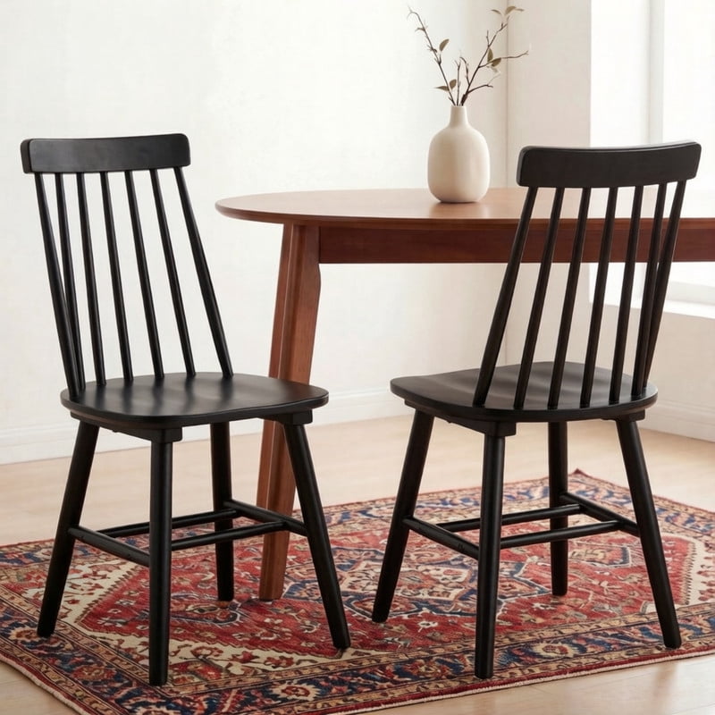 Solid Wood Dining Chairs Set of 2, Ergonomic Windsor Backrest Mid-Century Modern Armless Kitchen Side Chairs
