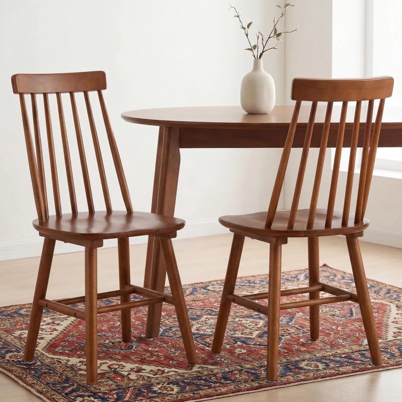 Solid Wood Dining Chairs Set of 2, Ergonomic Windsor Backrest Mid-Century Modern Armless Kitchen Side Chairs