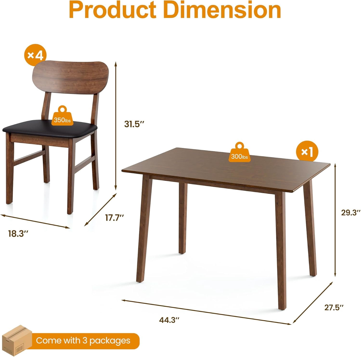 Solid Wood Dining Set for 4 with 4 Chairs, Modern Table Set for Kitchen ...