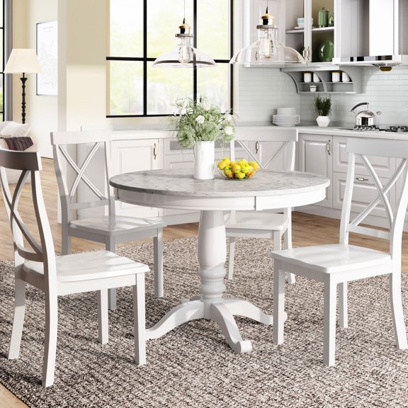 Solid Wood Dining Set with 4 Chairs | Blends Well with Home Decor | MDF and Marble-Style Surface | Easy Assembly for Quick Use