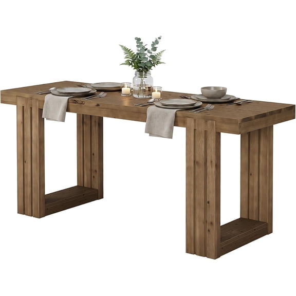 Solid Wood Dining Table, 61.8 Table for 4-6 People, Rectangular Kitchen Farmhouse Dinner with U-Shaped Legs Kitchen, Room, Rustic Brown