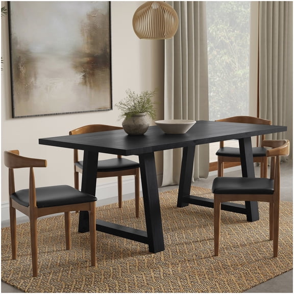 Solid Wood Dining Table, Black Trestle Dining Table for 6, Rustic Kitchen Table