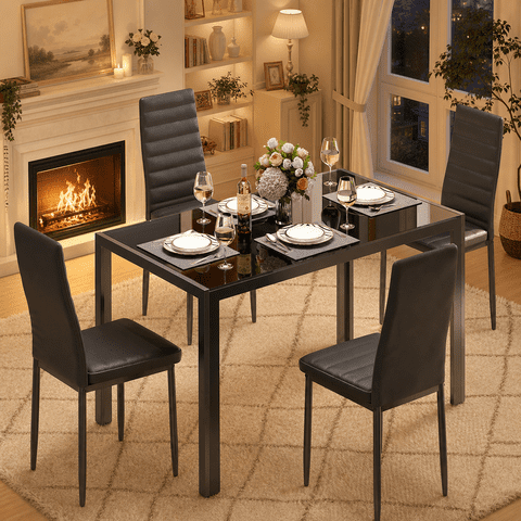Dining Table Set for 4, Glass Kitchen Table with PU Chairs, Kitchen Dinette Sets For Small Space & Apartment, Black