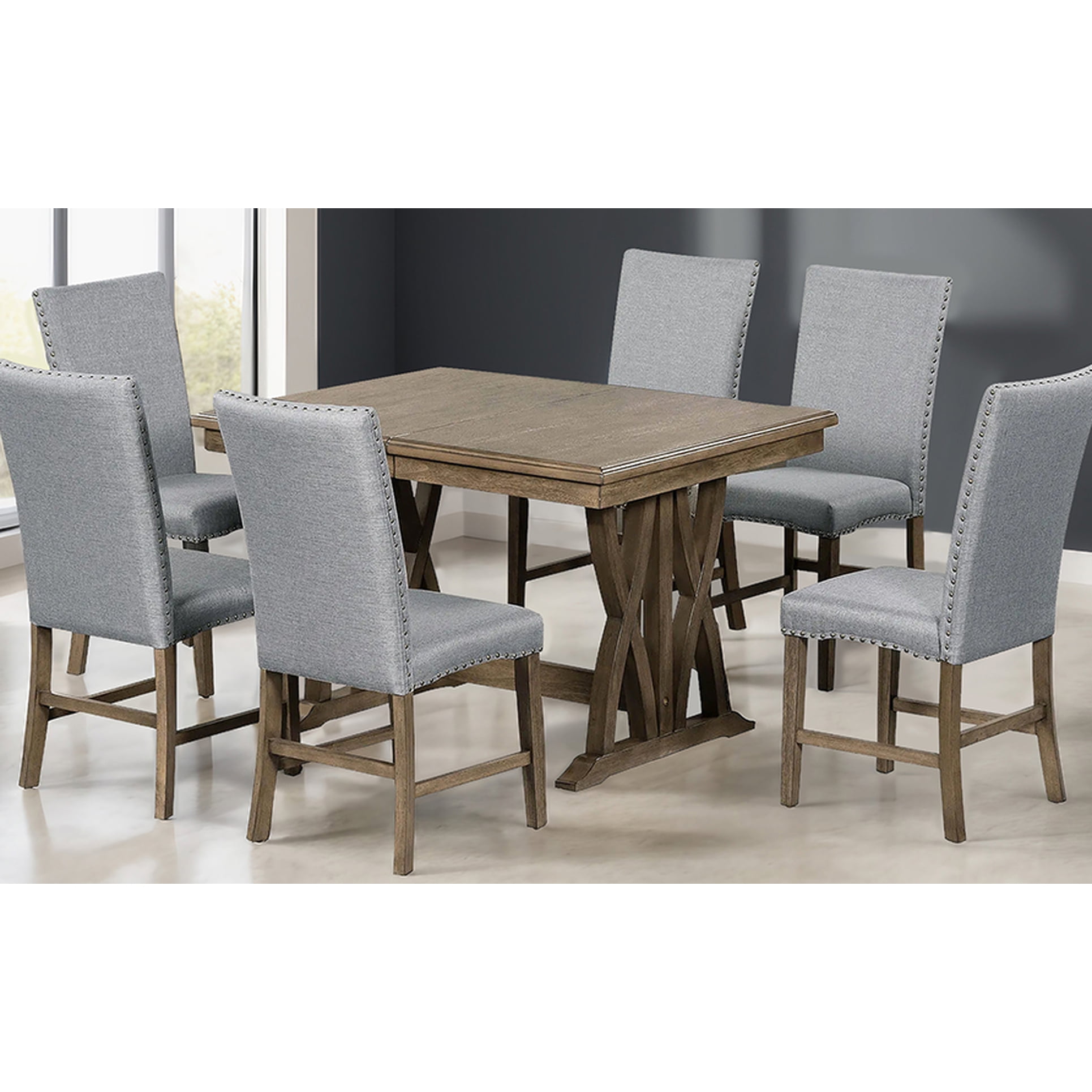 Solid Wood Dining Table With Upholstered Chairs, 12" Removable Leaf, Golden Brown & Gray, Mid ...