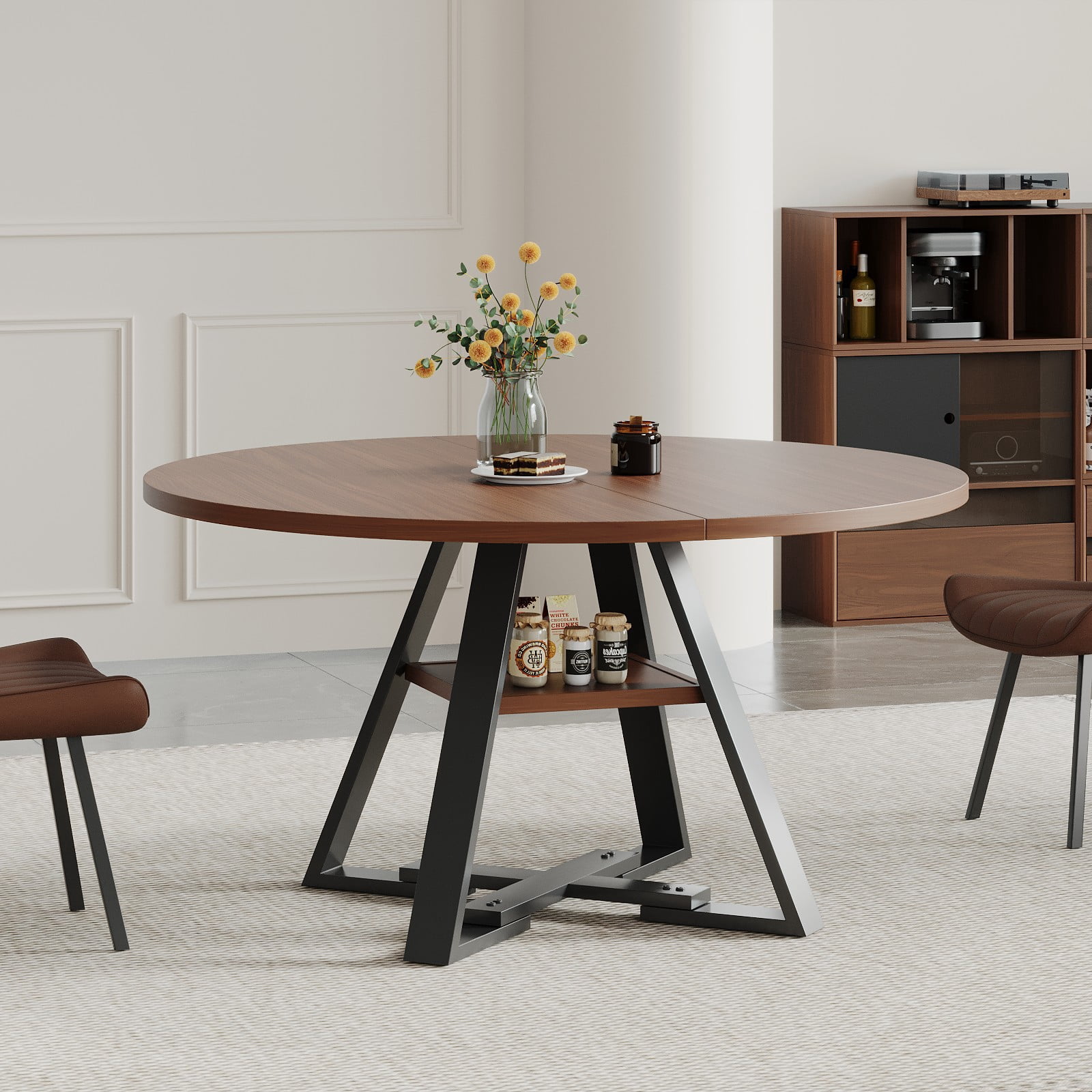 Solid Wood Dining Table with Walnut Finish, Sturdy Premium Wooden Kitchen Table, Easy Assembly Multipurpose Desk for Dining Room Living Room Bedroom Fits Various Home Decor Styles