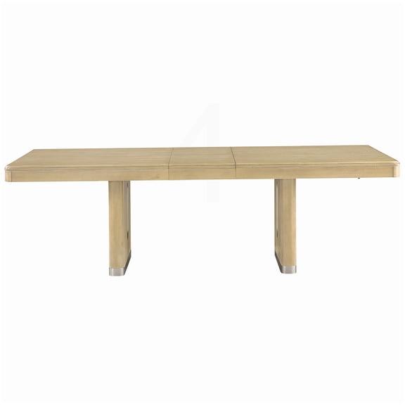Solid Wood Dining Table with Extension Leaf, Natural Color, Double Pedestal, Seats 6, Transitional Rectangular Design