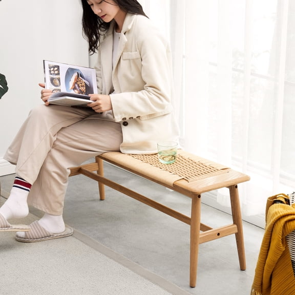 Solid Wood Dining and Bathroom Bench | Comfortable Woven Seat for Long - sit | FAS - grade Oak Material | Solves Space - utilization Problem