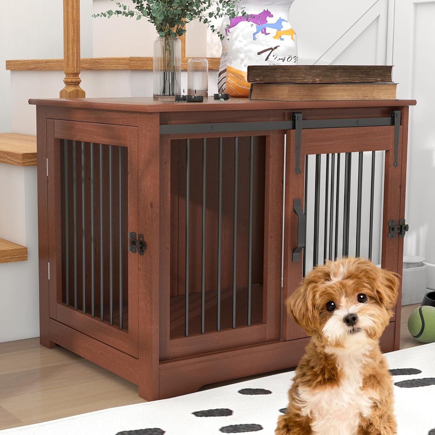 Solid Wood Dog Crate Furniture, Dog Kennel Indoor for Small Dogs with 2 ... - Small Dog Crate With Door