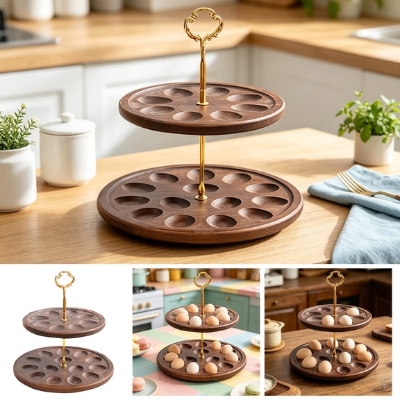 Solid Wood Double Layer Egg Tray, Wooden Kitchen Egg Organizer and Storage Rack, Dessert and Fruit Snack Display Stand for Dining Table Decor