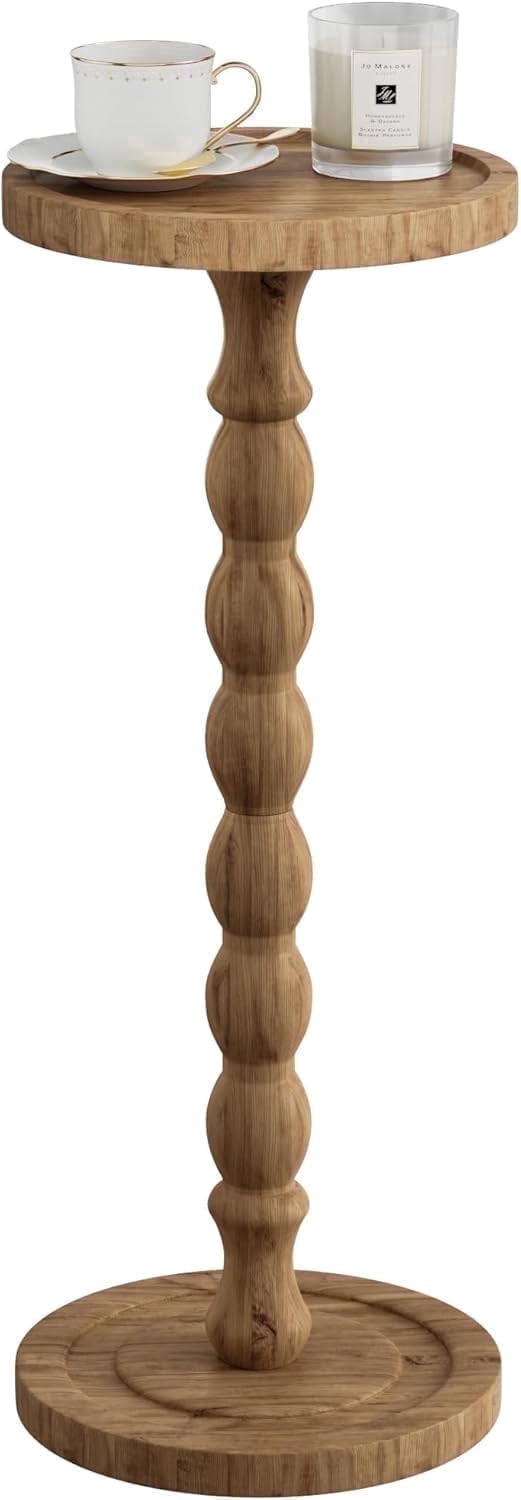 Finew Solid Wood Drink Table, Rubber Wood‌ Small Round Side Table for Small Spaces, Martini Tables, Pedestal End Tables for Living Room, Bedroom, Corners, and Office (Brown, 9.4 inch)