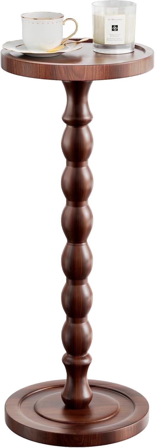 Finew Solid Wood Drink Table, Rubber Wood‌ Small Round Side Table for Small Spaces, Martini Tables, Pedestal End Tables for Living Room, Bedroom, Corners, and Office (Dark Walnut, 9.4 inch)