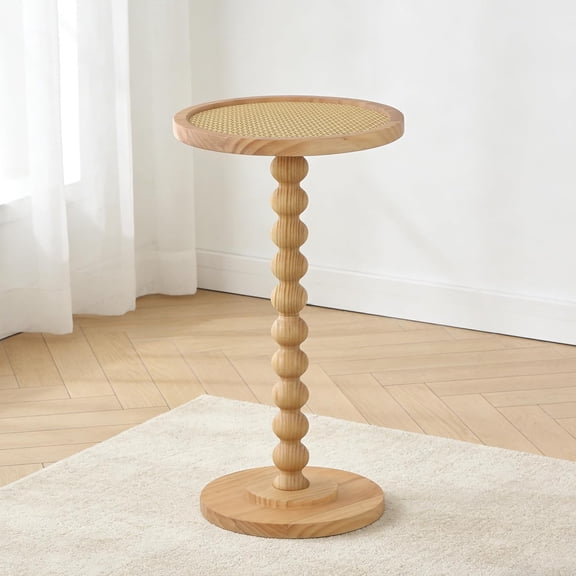Solid Wood Drink Table, Small Pedestal Side Table for Small Spaces, Rattan Accent End Table Nightstand with Bread Leg for Living Room, Bedroom, Corners, and Office, Wood$$Furniture