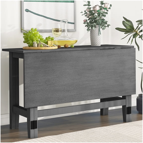 Solid Wood Drop Leaf Dining Table, Gray Expandable Kitchen Table for 4, Farmhouse Style Space Saver