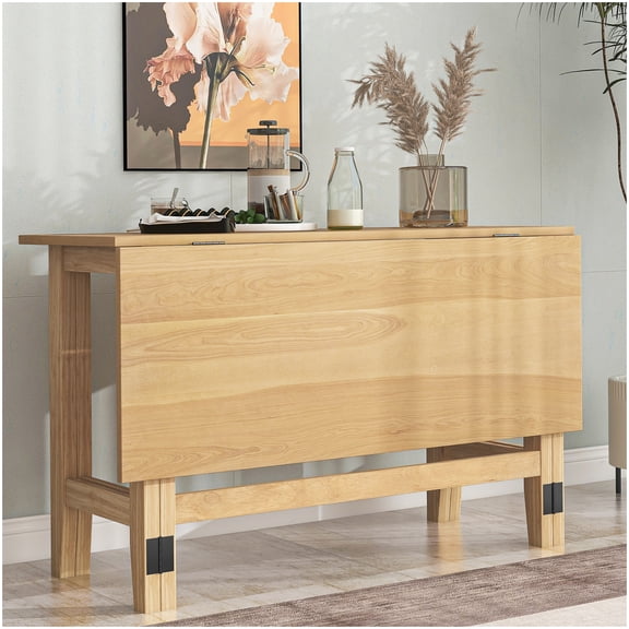 Solid Wood Drop Leaf Dining Table, Natural Finish Expandable Kitchen Table for Small Rooms, Farmhouse Decor