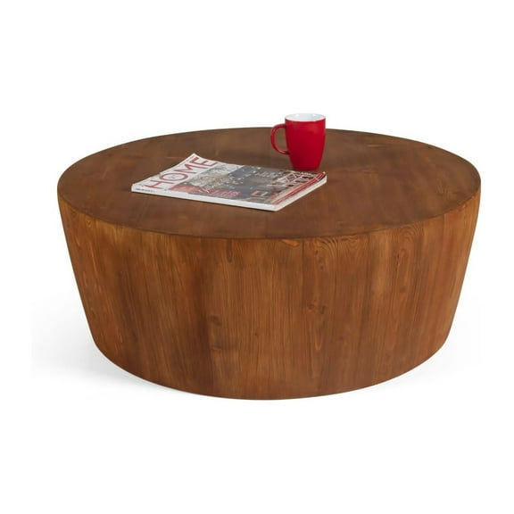 Solid Wood Drum Coffee Table - 33" x 33" x 26" Living Room Table - Brown
