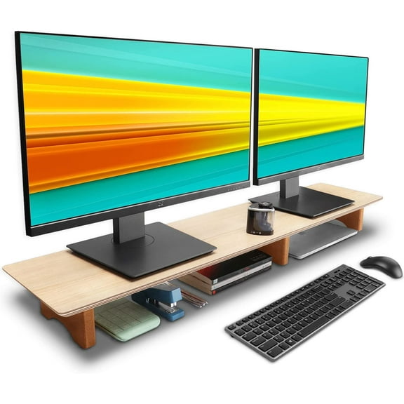 Solid Wood Dual Monitor Stand Riser for Desk,  Computer Monitor Riser with Cork Legs, Extra Long Desktop Organizer Shelf forMonitors, Laptop & Printer