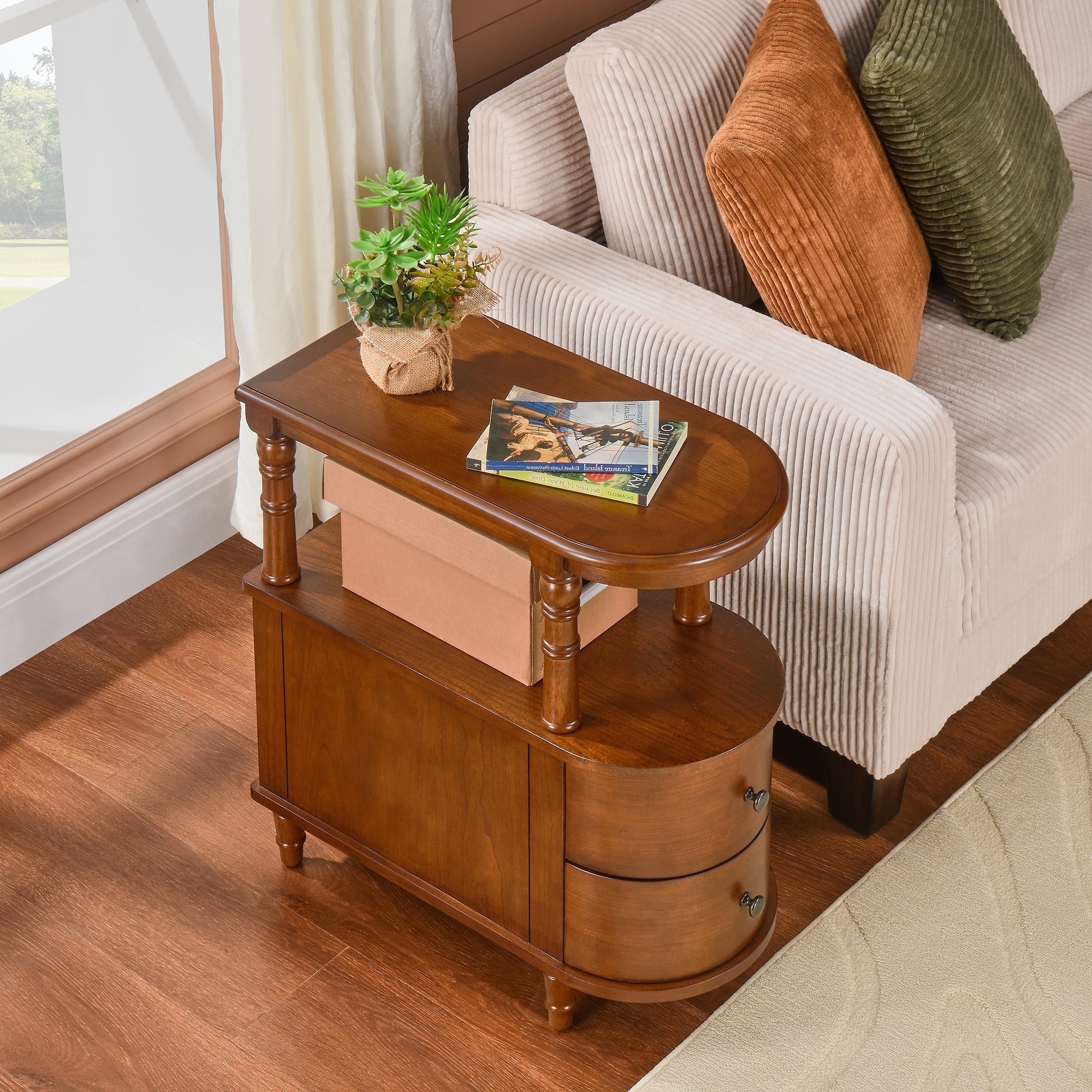 Solid Wood End Table with 2 Drawers, Narrow Sofa Side Table Slim Chair Side Table with Storage Shelf, Vintage Slim Nightstand Bedside Table (Beewax Tone）