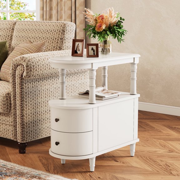 Solid Wood End Table with 2 Drawers, Narrow Sofa Side Table Slim Chair Side Table with Storage Shelf, Vintage Slim Nightstand Bedside Table (White)