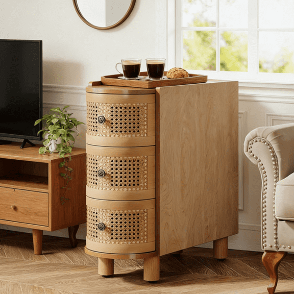 Solid Wood End Table with 3 Rattan Drawers, Slim Nightstand with Metal Handles, Fully Assembled Body, Natural Accent Side Table for Living Room & Bedroom