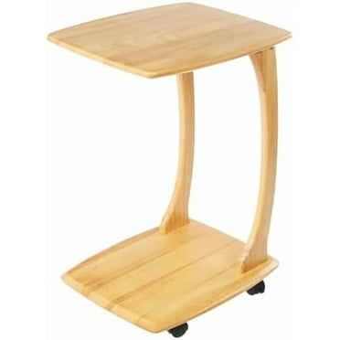 Solid Wood End Table, C-Shaped Side Table with Wheels, TV Tray Table, Couch Table That Slide Under for Small Space, Living Room, Bedroom (Wood Color)