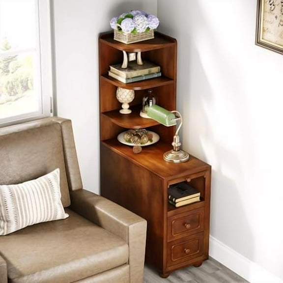 Solid Wood End Table with Drawers and Reversible Corner Shelves, Tall Narrow Side Table with Storage High Slim Chair Solid Side Table, Walnut$$Furniture
