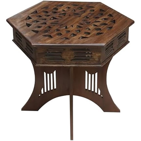 Solid Wood End Table - Hand Carved Moroccan Accent Table - Boho Folding Side Table - Small Spaces Entryway Global Living Room Bedside - No Tools Assembly - 24x20 in - Dark Antique Brown