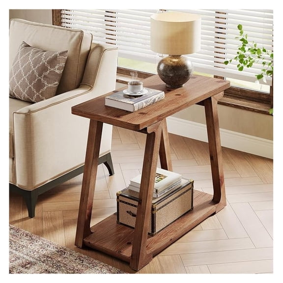 Solid Wood End Table for Living Room, 2-Tier Narrow Rustic Side Table, Rectangle Farmhouse Nightstand for Bedroom, Easy Assembly, Trapezoidal Base (1, Natural Brown)