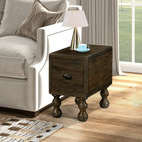 Solid Wood End Table, Rectangle Narrow Side Table with Drawer, Vintage Bedside Table for Living Room, Bedroom