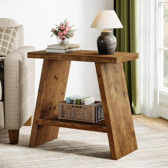 Solid Wood End Table for Living Room, Farmhouse Narrow Small for Bedroom, Brown