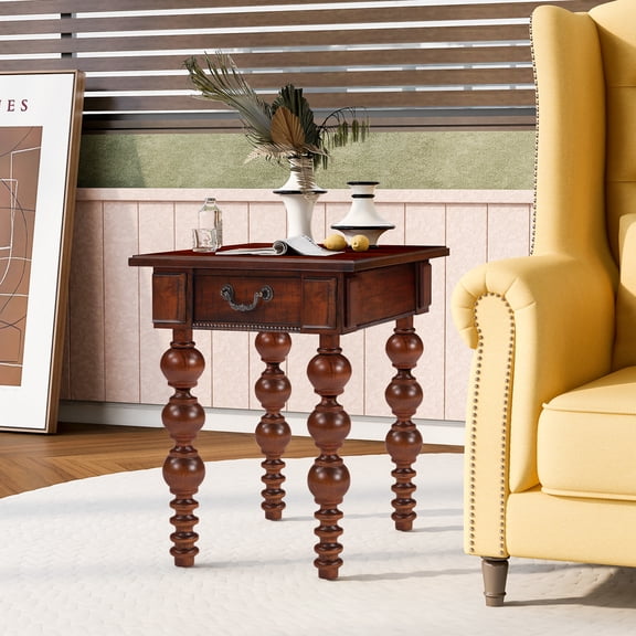 Solid Wood End Table with Drawer, Easy Assembly Vintage Narrow Sofa Side Table for Living Room, Walnut